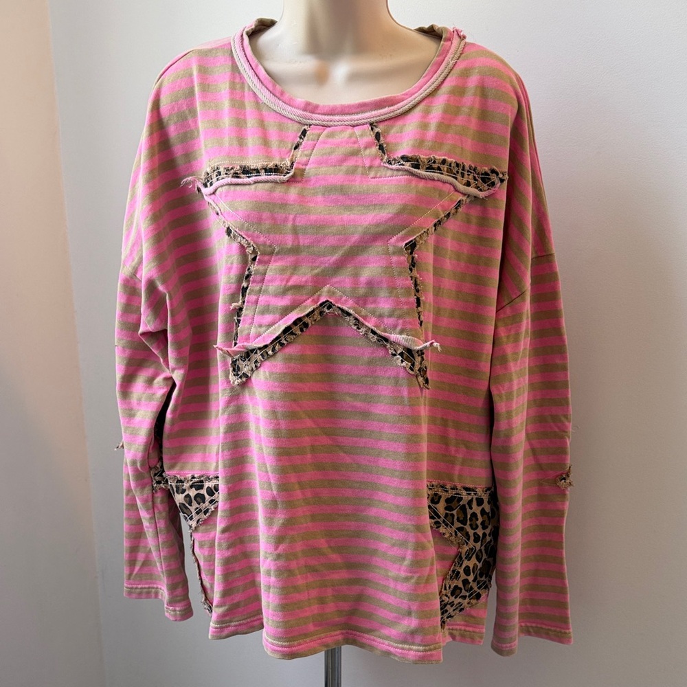 Womens Blue Velvet pink Brown Striped Star Patch Top Large has pockets